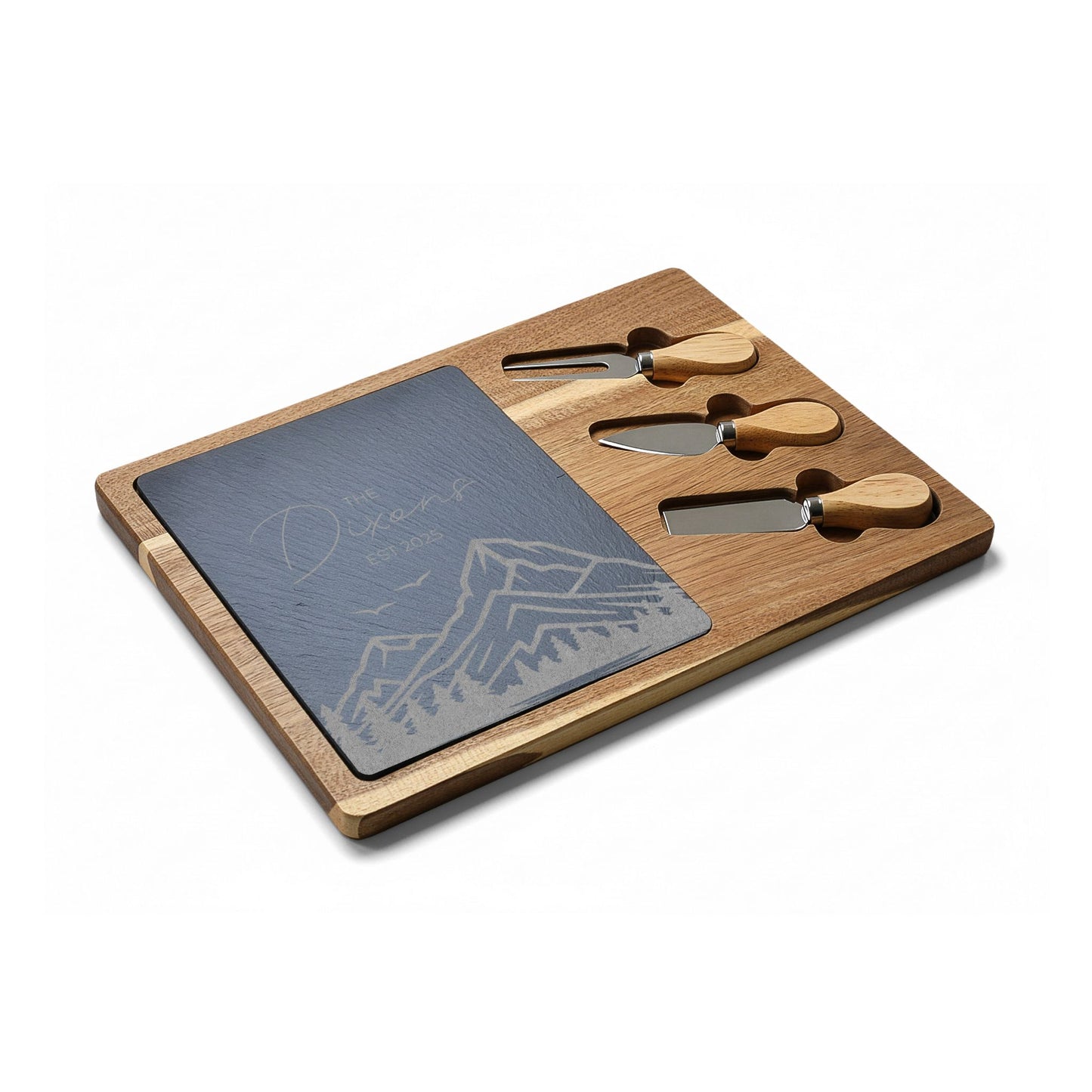 Engraved Mountain-scape Family Name | Slate/Acacia Wood Charcuterie Board