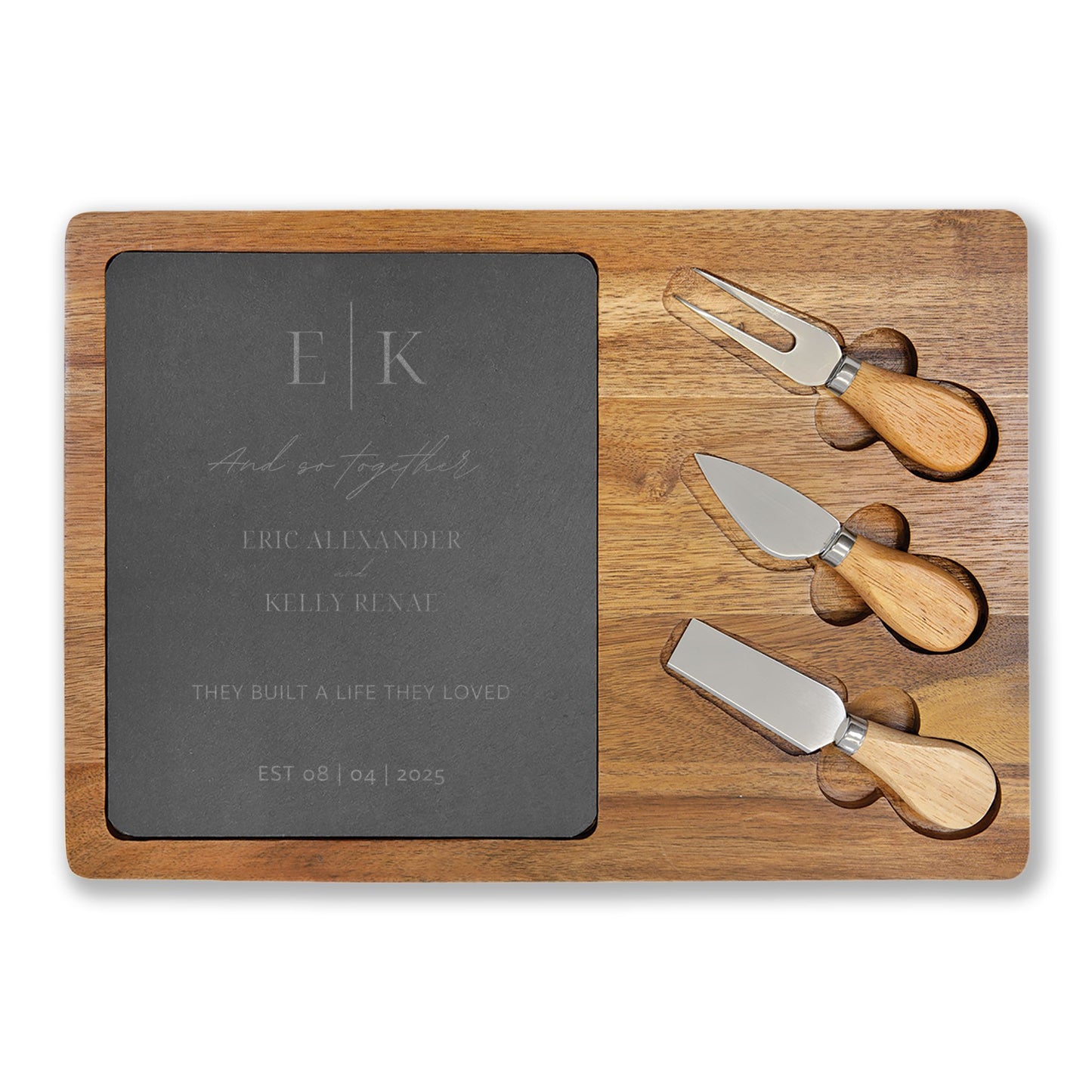 Engraved Wedding/ Couple Gift | Slate/Acacia Wood Charcuterie Board with Utensils