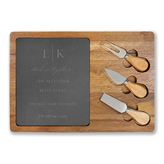 Engraved Wedding/ Couple Gift | Slate/Acacia Wood Charcuterie Board with Utensils