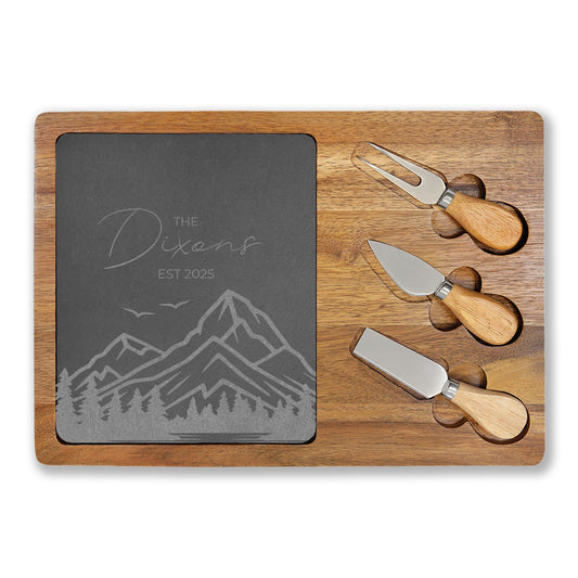 Engraved Mountain-scape Family Name | Slate/Acacia Wood Charcuterie Board