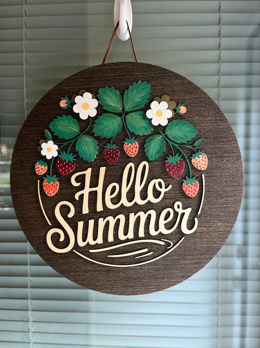 15” Hello Summer Strawberry 3D Wood Door Sign | Hand Painted Farmhouse Front Door Decor