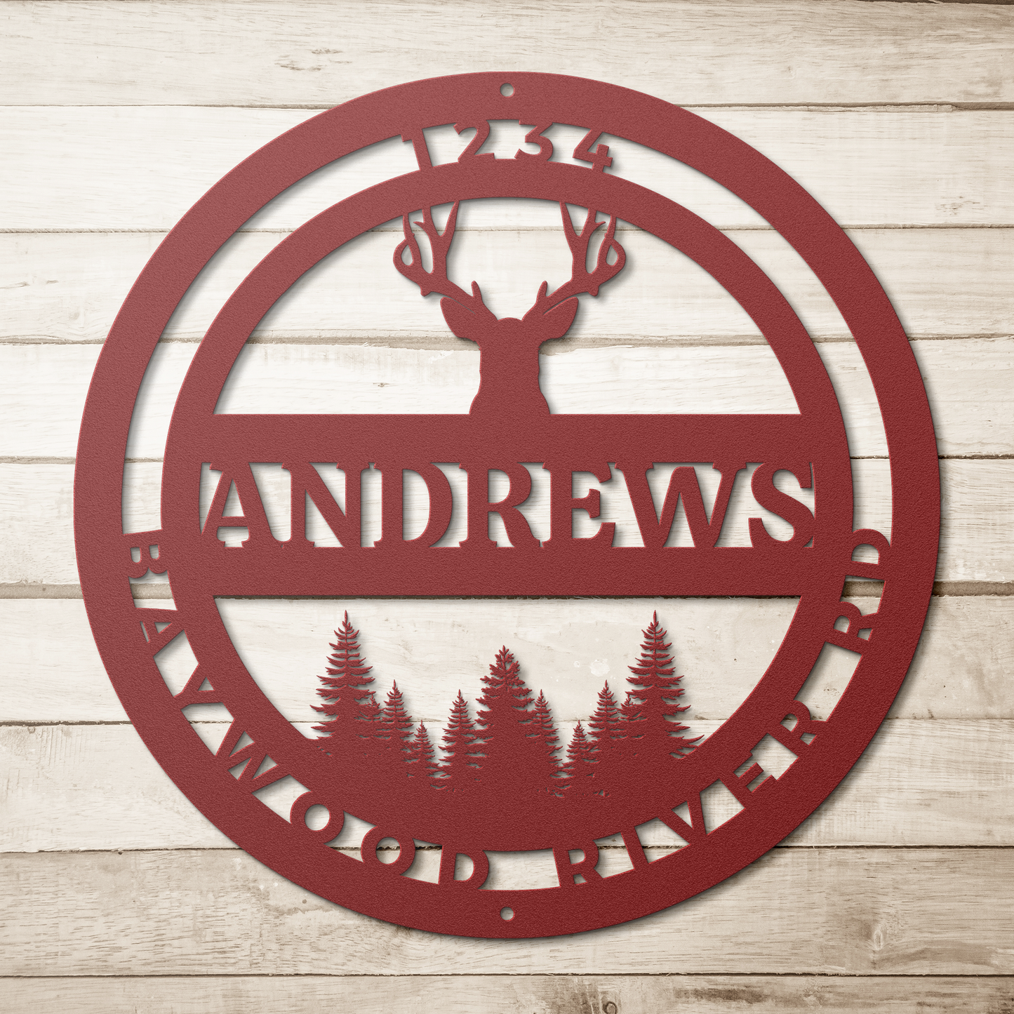 Personalized_deer__trees_rustic_metal_c_Red_Simple_Wood_BKGD_Mockup.png