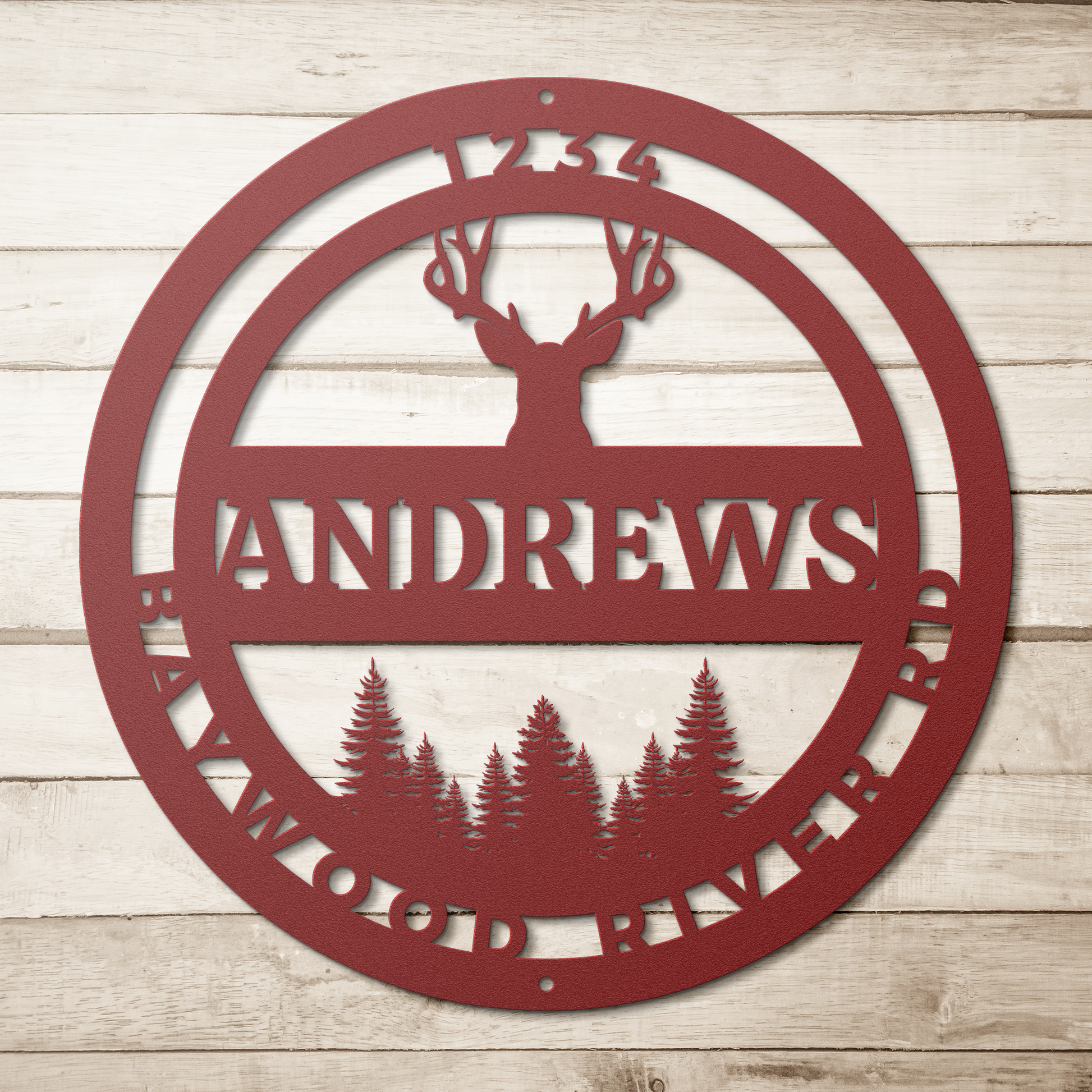 Personalized_deer__trees_rustic_metal_c_Red_Simple_Wood_BKGD_Mockup.png
